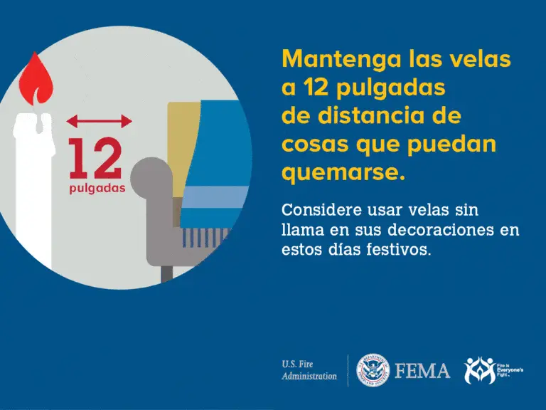 Graphic showing a lit candle and the text: “Mantenga las velas a 12 pulgadas de distancia de cosas que puedan quemarse. Considere usar velas sin llama en sus decoraciones en estos días festivos.” FEMA and U.S. Fire Administration logos appear.