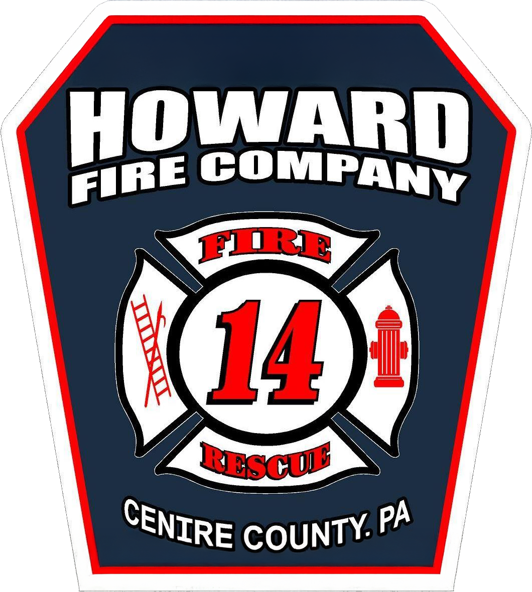 Shield-shaped emblem for Howard Fire Company in Centre County, PA, featuring the number 14, a ladder, a fire hydrant, and the words "Fire Rescue" on a dark blue background with red and white accents.