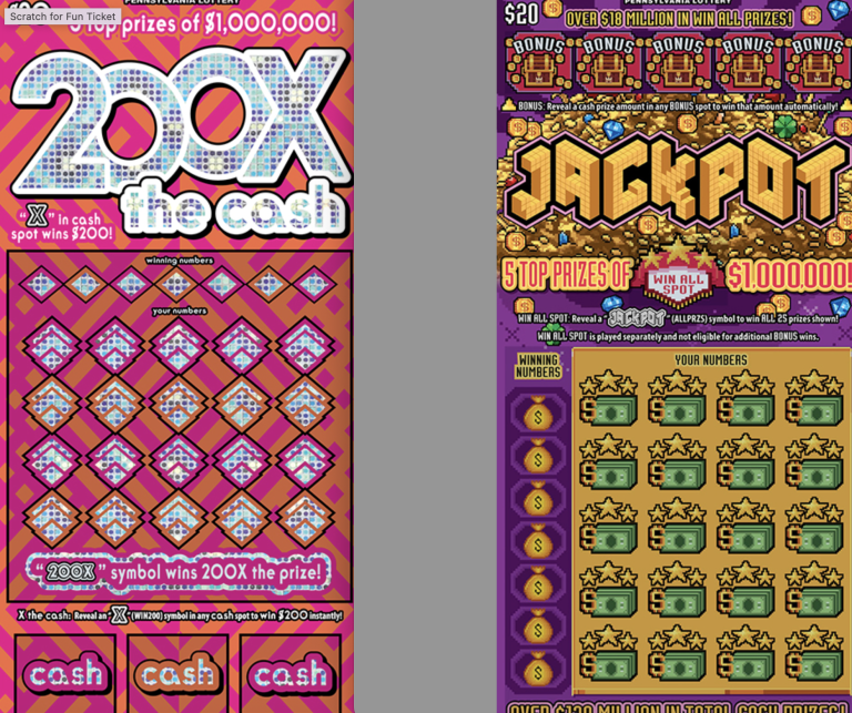 Two PA Lottery Scratchers are side by side: a $20 Jackpot ticket and a $20 200x the Cash ticket, both part of the Raffle #597 - PA Lottery Scratchers 30 Pack.