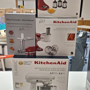 Raffle #636 – White 5Qt KitchenAid Stand Mixer with Meat Grinder, Food Processor and Shredder Attachments