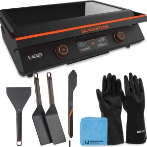 Raffle #620 features a 22" Electric Blackstone with lid and accessories: two spatulas, scraper, black gloves, and a blue cleaning cloth—ideal for raffles or upgrading your kitchen!.