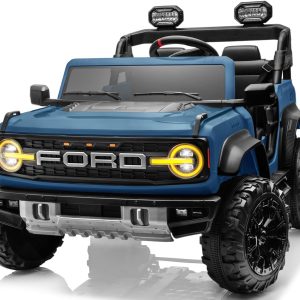 Raffle #619 - Blue Kid's 24V Ford Bronco: A blue ride-on SUV with large black wheels, black seat, yellow headlights, "FORD" grille, and overhead lights—ideal for kids or as a fantastic raffle prize!.
