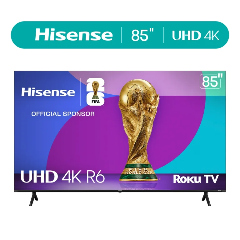 Front view of Raffle #689 - Hisense 85" Class 4K UHD LED LCD Roku Smart TV HDR R6 Series 85R6E4 displaying a FIFA World Cup trophy graphic with branding and "Official Sponsor" text on the screen.